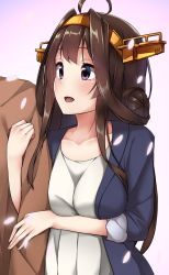 Rule 34 | 10s, 1boy, 1girl, ahoge, alternate costume, bad id, bad pixiv id, blue jacket, brown hair, double bun, dress, hairband, headgear, highres, hinacalibur, jacket, kantai collection, kongou (kancolle), long hair, open mouth, petals, pink background, purple eyes, sleeves rolled up, smile, white dress