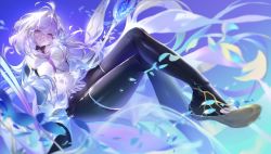 Rule 34 | 1girl, ahoge, black gloves, black pants, breasts, fate/grand order, fate/grand order arcade, fate/prototype, fate/prototype: fragments of blue and silver, fate (series), fingerless gloves, gloves, highres, holding, holding staff, long hair, long sleeves, looking at viewer, medium breasts, merlin (fate/prototype), nicholas f, pants, petals, purple eyes, robe, smile, solo, staff, very long hair, white hair, white robe, wide sleeves