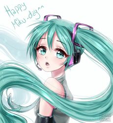 Rule 34 | 1girl, absurdres, aqua eyes, aqua hair, artist name, detached sleeves, from side, hatsune miku, headset, highres, long hair, looking at viewer, maen.chan, necktie, open mouth, solo, twintails, upper body, very long hair, vocaloid, white background