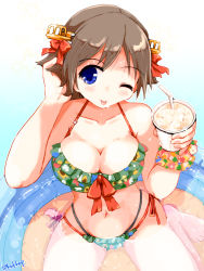 Rule 34 | 1girl, bikini, blue eyes, breasts, brown hair, cleavage, cowboy shot, drink, drinking straw, flipped hair, frilled bikini, frills, front-tie top, green bikini, hairband, headgear, hiei (kancolle), kanoe soushi, kantai collection, large breasts, looking at viewer, partially submerged, short hair, sitting, solo, swimsuit, tongue, tongue out, twitter username, wading pool, wariza