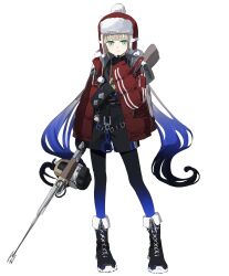 Rule 34 | 1boy, absurdres, aqua eyes, black gloves, black shorts, boots, captain nemo (fate), coat, fate/grand order, fate (series), full body, fur hat, gloves, gradient hair, gun, harpoon, harpoon gun, hat, highres, holding, holding gun, holding weapon, long hair, multicolored hair, nemo (fate), ninjin (ne f g o), shorts, smile, twintails, ushanka, weapon, white background, winter clothes, winter coat