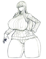 Rule 34 | 1girl, biriri (spacezin), breasts, contrapposto, covered erect nipples, creatures (company), curvy, denim, female focus, game freak, gen 1 pokemon, greyscale, hand on own hip, highres, huge breasts, impossible clothes, impossible sweater, jeans, long hair, looking down, monochrome, nintendo, nipples, pants, personification, pokemon, ribbed sweater, simple background, sketch, slit pupils, solo, spacezin, standing, sweater, thick thighs, thighs, tight clothes, tight pants, tsurime, turtleneck, turtleneck sweater, voltorb