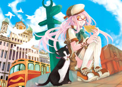 Rule 34 | 1girl, :d, animal, bad id, bad pixiv id, bell, bird, book, bow, building, cat, cloud, collar, day, dove, frills, from below, glasses, hands on own knees, hat, knees together feet apart, licking, long hair, luggage, neck bell, open mouth, orange eyes, original, pink hair, shiro n, shoes, sign, sitting, sky, smile, solo, thighhighs, train