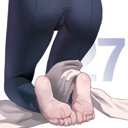 Rule 34 | 1girl, ass, barefoot, blanket, blue archive, feet, from behind, highres, himari (blue archive), khoaphan96, kneeling, lower body, pants, simple background, skinny, soles, solo, white background