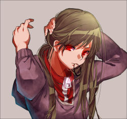 Rule 34 | 1girl, adjusting hair, glowing, green hair, grey background, hair down, hand on own head, hood, hoodie, kagerou project, kido tsubomi, long hair, mitta, red eyes, rubber band, simple background, solo, tying hair