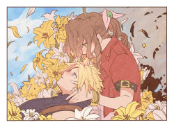 Rule 34 | 1boy, 1girl, absurdres, aerith gainsborough, unworn armor, blonde hair, blue eyes, blue shirt, bracelet, braid, braided ponytail, brown hair, cloud, cloud strife, cloudy sky, couple, cropped jacket, crying, dress, falling petals, final fantasy, final fantasy vii, final fantasy vii remake, flower, green eyes, grey sky, hair ribbon, highres, holding another&#039;s head, jacket, jewelry, lap pillow, materia, metanaito122, multiple bracelets, open mouth, parted bangs, parted lips, petals, pink dress, red jacket, ribbon, shirt, short hair, short sleeves, sidelocks, sky, sleeveless, sleeveless turtleneck, smile, spiked hair, square enix, suspenders, tears, turtleneck, wavy hair, white flower, yellow flower