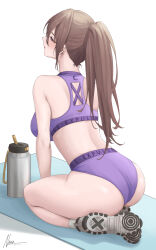 Rule 34 | 1girl, arm support, ass, banned artist, bare shoulders, bikini, blush, bottle, breasts, brown hair, closed mouth, commentary, ear piercing, expulse, from behind, full body, half-closed eyes, highres, large breasts, long hair, looking ahead, original, panties, piercing, ponytail, purple bikini, purple eyes, seiza, signature, simple background, sitting, socks, solo, sports bikini, sweat, swimsuit, symbol-only commentary, thighs, underwear, water bottle, wedgie, white background, white socks