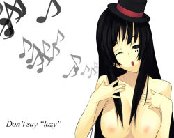 Rule 34 | 00s, 1girl, akiyama mio, black eyes, black hair, blunt bangs, breasts, coach (artist), completely nude, don&#039;t say &quot;lazy&quot;, female focus, hat, hime cut, k-on!, ko chi, large breasts, long hair, mini hat, music, musical note, nipples, nude, one eye closed, quaver, singing, solo, wink