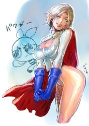 Rule 34 | 1girl, animification, bad id, bad twitter id, blonde hair, blossom (ppg), blue gloves, cape, cleavage cutout, clothing cutout, dc comics, gloves, highres, katou teppei, kryptonian, leotard, lips, one eye closed, power girl, powerpuff girls, red cape, short hair, superman (series), translation request, wink