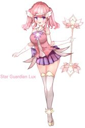 Rule 34 | 1girl, alternate costume, alternate hair color, alternate hairstyle, brooch, choker, earrings, elbow gloves, full body, gloves, highres, jewelry, league of legends, lux (league of legends), magical girl, pink hair, solo, standing, star (symbol), star guardian (league of legends), star guardian lux, thighhighs, tiara, wand