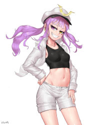 Rule 34 | 1girl, absurdres, bad id, bad pixiv id, blunt bangs, breasts, collarbone, commission, contrapposto, cowboy shot, dungbae, earrings, grin, hand on own hip, hat, heart, heart earrings, heterochromia, highres, jacket, jewelry, long hair, long sleeves, looking at viewer, medium breasts, navel, open clothes, open jacket, pink eyes, pink hair, shorts, sidelocks, simple background, smile, solo, standing, stomach, taut clothes, teeth, tsurime, twintails, white background, white hat, white jacket, white shorts, yellow eyes
