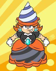 Rule 34 | 1girl, black dress, blue eyes, breasts, brooch, dress, drill, drill daisy, earrings, flower earrings, gloves, grin, highres, jewelry, looking at viewer, mario (series), medium breasts, nintendo, power-up, princess daisy, puffy short sleeves, puffy sleeves, short sleeves, smile, standing, super mario bros. wonder, tomboy
