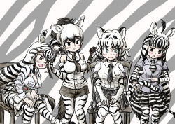 Rule 34 | 4girls, :&gt;, aardwolf (kemono friends), aardwolf print, ahoge, animal ears, animal print, bare shoulders, black eyes, black hair, black neckwear, black shorts, blue eyes, blunt bangs, blush, bodystocking, boots, breast pocket, breasts, brown eyes, cargo shorts, cat girl, chair, chapman&#039;s zebra (kemono friends), cleavage, closed mouth, collared shirt, commentary request, elbow gloves, extra ears, fangs, feet out of frame, gloves, grabbing, hair between eyes, hand rest, hands up, high ponytail, highres, kemono friends, large breasts, layered sleeves, leaning forward, leaning to the side, long hair, long sleeves, looking at another, medium breasts, medium hair, miniskirt, multicolored hair, multiple girls, necktie, open mouth, pantyhose, pantyhose under shorts, partially unzipped, plaid, plaid skirt, plains zebra (kemono friends), pleated skirt, pocket, pointing, pointing at another, print legwear, print shirt, print shorts, print skirt, print sleeves, shirt, short over long sleeves, short sleeves, shorts, side-by-side, sitting, skirt, smile, standing, streaked hair, striped clothes, striped footwear, striped gloves, striped legwear, striped shirt, striped skirt, striped sleeves, striped tail, tail, tail grab, teriiman, thigh gap, thighhighs, tiger ears, tiger girl, tiger print, tiger tail, trait connection, two-tone hair, very long hair, white hair, white shirt, white tiger (kemono friends), wing collar, zebra ears, zebra girl, zebra print, zebra tail, zettai ryouiki, zipper
