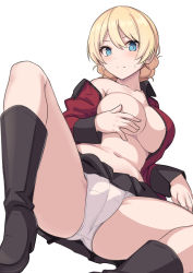 Rule 34 | 1girl, black footwear, black skirt, blonde hair, blouse, blue eyes, boots, breasts, covering privates, covering breasts, darjeeling (girls und panzer), girls und panzer, large breasts, looking at viewer, navel, open clothes, open shirt, panties, red shirt, shirt, shiseki hirame, short hair, simple background, sitting, skirt, solo, st. gloriana&#039;s military uniform, thighs, underwear, white background, white panties