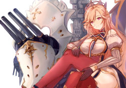 Rule 34 | 1girl, azur lane, bare shoulders, black gloves, book, breasts, cleavage, detached sleeves, dress, fleur-de-lis, french flag, gloves, highres, holding, holding book, juliet sleeves, long hair, long sleeves, looking at viewer, maltese cross, medium breasts, orange hair, pink eyes, puffy sleeves, red thighhighs, richelieu (azur lane), rigging, shika (shika0), simple background, sitting, smile, thighhighs, white dress