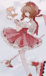 Rule 34 | 1girl, antenna hair, bad id, bad pixiv id, brown hair, cardcaptor sakura, cloud, commentary, copyright name, dress, floating, frilled dress, frilled thighhighs, frills, from behind, full body, fuuin no tsue, glove bow, gloves, green eyes, hand on own chest, hat, kinomoto sakura, layered dress, looking at viewer, magical girl, outdoors, pleated dress, puffy short sleeves, puffy sleeves, qtonagi, red dress, roller skates, short hair, short sleeves, signature, skates, sleeve bow, smile, solo, sparkle, symbol-only commentary, thighhighs, white footwear, white gloves, white thighhighs