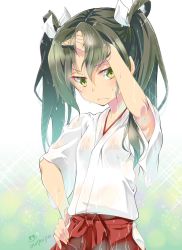 Rule 34 | 10s, 1girl, armpit peek, artist name, brown hair, gradient background, green eyes, hair ribbon, hand on own hip, highres, imu sanjo, japanese clothes, kantai collection, long hair, looking at viewer, miko, ribbon, see-through, skirt, solo, twintails, wet, wet clothes, zuikaku (kancolle)