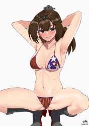 Rule 34 | 1girl, absurdres, akizuki (kancolle), american flag bikini, armpits, arms up, bikini, black eyes, black hair, black headband, blush, breasts, c-da, clothes writing, dated, flag print, hachimaki, headband, highres, kantai collection, large breasts, long hair, looking at viewer, miyamoto musashi (swimsuit berserker) (second ascension) (fate), rudder footwear, signature, simple background, smile, solo, spread legs, squatting, star (symbol), striped, swimsuit, white background