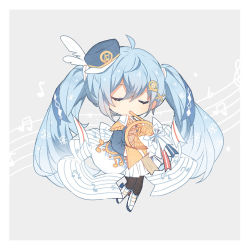 Rule 34 | 1girl, ahoge, band uniform, beamed eighth notes, blue hair, boots, bow, chibi, collar, eighth note, epaulettes, closed eyes, french horn, fringe trim, hair ornament, hairclip, hat, hat feather, hatsune miku, highres, holding, holding instrument, instrument, long hair, maple (57675110), music, musical note, musical note print, playing instrument, ribbon, sheet music, skirt, snowflake print, solo, staff (music), thighhighs, treble clef, twintails, very long hair, vocaloid, white collar, yuki miku, yuki miku (2020)