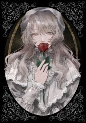 Rule 34 | 1girl, covering own mouth, dress, flower, grey dress, grey eyes, grey hair, grey headwear, highres, holding, holding flower, long hair, looking at viewer, machihazure, original, portrait, red flower, red rose, rose, solo, upper body