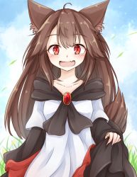 Rule 34 | 1girl, ahoge, animal ears, brooch, brown hair, collarbone, commentary request, dress, fang, grass, imaizumi kagerou, jewelry, long hair, looking at viewer, neko mata, outdoors, red eyes, skin fang, skirt hold, solo, tail, touhou, wolf ears, wolf tail