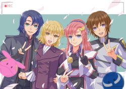 Rule 34 | 2boys, 2girls, absurdres, athrun zala, black gloves, black kimono, blonde hair, blue eyes, blue hair, brother and sister, brown hair, cagalli yula athha, compass uniform, formal, gloves, green eyes, grey jacket, group picture, gundam, gundam seed, gundam seed freedom, hair ornament, hand on another&#039;s hip, hand on another&#039;s shoulder, haro, highres, jacket, japanese clothes, kimono, kira yamato, lacus clyne, locked arms, looking at viewer, military uniform, multiple boys, multiple girls, necktie, pant suit, pants, pink hair, purple eyes, recording, red necktie, siblings, smile, suit, twins, uniform, user kunf8626, v, viewfinder, yellow eyes