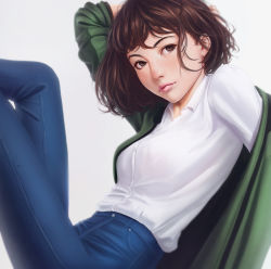 Rule 34 | 1girl, brown eyes, brown hair, closed mouth, collared shirt, denim, green jacket, jacket, jeans, looking at viewer, original, pants, realistic, rotisusu, shirt, solo, white background, white shirt