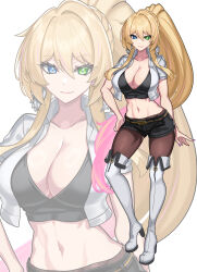 Rule 34 | 1girl, absurdres, black shirt, black shorts, blonde hair, blue eyes, boots, breasts, brown pantyhose, cleavage, commentary, crop top, cropped jacket, english commentary, full body, green eyes, heterochromia, high heel boots, high heels, highres, jacket, large breasts, long hair, looking at viewer, midriff, navel, nez-box, open clothes, open jacket, original, pantyhose, ponytail, shirt, short shorts, short sleeves, shorts, simple background, smile, standing, stomach, thigh boots, thighs, very long hair, white background, white footwear, white jacket, zoom layer