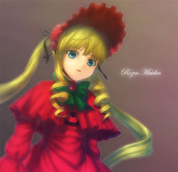 Rule 34 | 00s, 1girl, :o, blonde hair, blush, bonnet, bow, bowtie, brown background, capelet, dress, drill hair, frills, green bow, green bowtie, green eyes, looking at viewer, parted lips, red dress, rozen maiden, shinku, shouhei, sidelocks, simple background, solo, twin drills, twintails