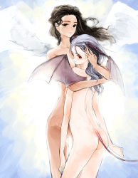Rule 34 | 2girls, angel, arms at sides, ass, back, bad id, bad pixiv id, bare back, bare shoulders, black eyes, black hair, blush, demon, demon girl, female focus, grey hair, hand on another&#039;s head, hug, long hair, looking back, multiple girls, nude, red eyes, serious, shy, sinny, tail, wind, wings, yuri