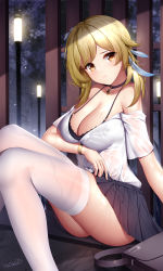 Rule 34 | 1girl, arm under breasts, black bra, blonde hair, bra, breasts, choker, cleavage, clothes lift, collar, dripping, genshin impact, highres, large breasts, looking at viewer, lumine (genshin impact), shiny skin, shirt, skirt, skirt lift, solo, thighhighs, thighs, underwear, wet, wet clothes, white shirt, white thighhighs, wsman, yellow eyes
