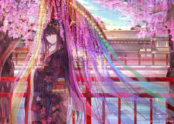 Rule 34 | 1girl, architecture, bad id, bad pixiv id, bai qi-qsr, black hair, cherry blossoms, city, east asian architecture, hair ornament, lake, long hair, pale skin, purple eyes, solo, traditional clothes, tree, umbrella