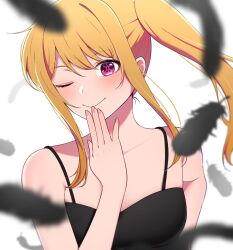 Rule 34 | 1girl, black dress, blonde hair, blurry, breasts, closed mouth, collarbone, commentary, depth of field, dress, english commentary, falling feathers, feathers, floating hair, hand up, highres, hoshino ruby, lone nape hair, long hair, looking at viewer, medium breasts, one eye closed, oshi no ko, pink eyes, side ponytail, sidelocks, smile, solo, spaghetti strap, star-shaped pupils, star (symbol), symbol-shaped pupils, upper body, war artwork, white background