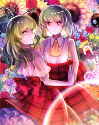 Rule 34 | 2girls, adapted costume, alternate costume, ascot, breasts, clothes lift, collared shirt, dual persona, floral background, flower, flower request, green eyes, green hair, holding hands, kazami yuuka, kazami yuuka (pc-98), light particles, long hair, long skirt, long sleeves, multiple girls, petticoat, pink flower, pink rose, plaid, plaid skirt, puffy short sleeves, puffy sleeves, rainbow, red eyes, rose, shiny skin, shirt, short hair, short sleeves, sidelocks, skirt, skirt lift, sleeveless, sleeveless shirt, small breasts, smile, sunflower, too many flowers, touhou, touhou (pc-98), watering can, wavy hair, white shirt, yellow ascot, zukapin