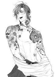 Rule 34 | 1boy, commentary request, eoduun badaui deungbul-i doeeo, flower tattoo, greyscale, highres, kim jaehee, korean commentary, male focus, monochrome, neck tattoo, open mouth, short hair, shoulder tattoo, simple background, smile, solo, subell2314, tattoo, topless male, undressing, white background