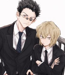 Rule 34 | 2boys, bishounen, black hair, blonde hair, business suit, closed mouth, commentary request, formal, glasses, highres, hunter x hunter, kurapika, leorio paladiknight, long sleeves, looking at viewer, male focus, multiple boys, necktie, shirt, short hair, simple background, suit, sunglasses, white shirt, yuehxh