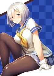 Rule 34 | 10s, 1girl, blue eyes, breasts, checkered background, commentary request, gloves, hair ornament, hairclip, hamakaze (kancolle), kantai collection, large breasts, looking at viewer, pantyhose, school uniform, serafuku, shirt, short hair, short sleeves, silver hair, skirt, solo, tobi-mura, white gloves, white shirt