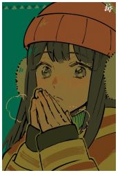 Rule 34 | 1girl, beanie, blush, border, breath, closed mouth, cold, commentary request, creatures (company), dawn (pokemon), earmuffs, eyelashes, game freak, green background, grey eyes, hands up, hat, long hair, long sleeves, looking at viewer, nintendo, omyo (myomyomyo22), orange hat, own hands together, pokemon, pokemon bdsp, sidelocks, signature, simple background, sleeves past wrists, solo, split mouth, upper body, white border, winter clothes