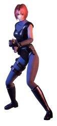 Rule 34 | 1girl, 3d, bag, bare shoulders, bodysuit, boots, breasts, capcom, detached sleeves, dino crisis, elbow gloves, fingerless gloves, franchi pa3, gloves, gun, holster, leotard, official art, red eyes, red hair, regina (dino crisis), satchel, short hair, shotgun, simple background, skin tight, solo, spandex, thigh strap, weapon