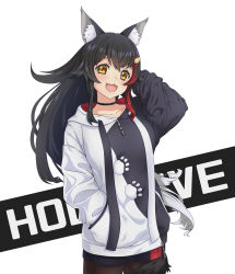 Rule 34 | 1girl, :d, animal ear fluff, animal ears, bad id, bad pixiv id, black hair, hand in pocket, highres, hikaku, hololive, hood, hood down, hoodie, long hair, long sleeves, multicolored hair, ookami mio, ookami mio (casual), open mouth, pantyhose, paw print, red hair, shorts, smile, solo, streaked hair, tail, tail wrap, virtual youtuber, white hair, wolf ears, wolf tail, yellow eyes