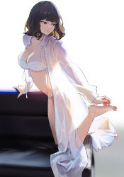 Rule 34 | 1girl, absurdres, arm support, backlighting, barefoot, bra, breasts, brown eyes, brown hair, cleavage, closed mouth, couch, dress, full body, highres, kneeling, large breasts, long sleeves, medium hair, on couch, original, panties, rocher-hd, solo, symbol-only commentary, toes, underwear, white background, white bra, white dress, white panties