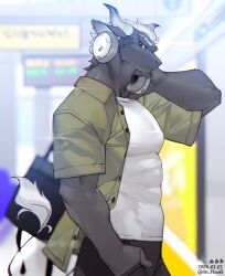 1boy bara black_eyes black_fur body_fur commentary_request cow_boy cow_horns cowboy_shot furry furry_male hand_in_pocket headphones headphones_around_neck horns korean_commentary looking_at_viewer male_focus muscular muscular_male original sd_planb shirt short_hair solo subway_station tail taut_clothes white_hair white_shirt