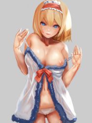 Rule 34 | 1girl, absurdres, alice margatroid, axe r18, babydoll, bare shoulders, blonde hair, blue dress, blue eyes, blush, bow, breasts, camisole, chemise, cleavage, dress, frills, hairband, heart, heart-shaped pupils, highres, lace, large breasts, lingerie, lolita hairband, looking at viewer, midriff, navel, negligee, nightgown, panties, ribbon, see-through, short hair, solo, spaghetti strap, symbol-shaped pupils, touhou, underwear, undressing, white babydoll, white panties