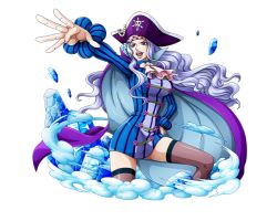 Rule 34 | 1girl, black eyes, blue dress, blue hair, brown thighhighs, cape, dress, floating hair, hand on own hip, hat, long hair, neckerchief, one piece, one piece treasure cruise, open mouth, outstretched arm, pink neckerchief, pirate, pirate hat, purple cape, purple hat, shiny clothes, short dress, solo, standing, striped clothes, striped dress, thighhighs, transparent background, vertical-striped clothes, vertical-striped dress, very long hair, whitey bay, zettai ryouiki