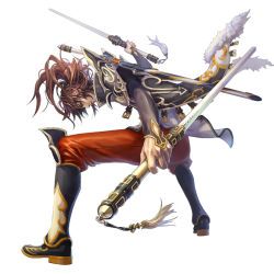 Rule 34 | 1boy, bent over, brown hair, dual wielding, eat, eat0123, fantasy, holding, male focus, original, solo, sword, weapon