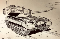 Rule 34 | absurdres, caterpillar tracks, commentary request, datsan, greyscale, highres, marker (medium), military vehicle, monochrome, motor vehicle, no humans, original, smoke, t29 heavy tank, tank, traditional media, vehicle focus