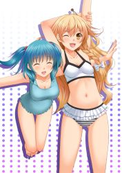 Rule 34 | 2girls, :d, ;d, alternate costume, aqua hair, armpits, arms up, bad id, bad pixiv id, barefoot, bikini, blonde hair, blue hair, blush, bracelet, braid, breasts, chiro, cleavage, closed eyes, collarbone, fang, female focus, hair bobbles, hair ornament, jewelry, kawashiro nitori, kirisame marisa, large breasts, leaning forward, long hair, md5 mismatch, multiple girls, navel, one-piece swimsuit, one eye closed, open mouth, short hair, single braid, smile, stretching, striped bikini, striped clothes, swimsuit, touhou, twintails, two side up, wink, yellow eyes