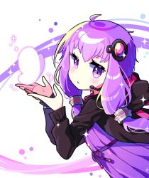 Rule 34 | 1girl, absurdres, black jacket, blush, bracelet, dress, hair ornament, highres, jacket, jewelry, long sleeves, looking to the side, low twintails, offbeat, purple dress, purple eyes, purple hair, short hair with long locks, solo, twintails, upper body, vocaloid, voiceroid, yuzuki yukari