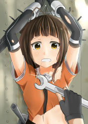 Rule 34 | 10s, 1girl, antenna hair, bdsm, blunt bangs, bondage, bound, brown eyes, brown hair, clenched teeth, crying, cuffs, daikikia 9, double bun, elbow gloves, gloves, hair bun, kantai collection, naka (kancolle), personification, pleated skirt, sailor collar, saliva, skirt, solo focus, teeth, torn clothes, wrench