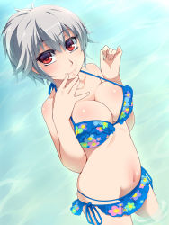 Rule 34 | 1girl, alternate hairstyle, bad id, bad pixiv id, bare shoulders, bikini, bikini skirt, blue bikini, bow, breasts, collarbone, floral print, frilled bikini, frills, from above, hair bow, halterneck, hand to own mouth, hayashi custom, highres, izayoi sakuya, lace, lace-trimmed bikini, lace trim, light smile, looking at viewer, navel, ocean, partially submerged, ponytail, red eyes, short hair, side-tie bikini bottom, silver hair, smile, solo, swimsuit, touhou, wading, water